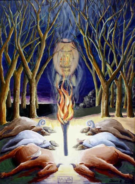 The smoking furnace and burning lamp passing between the pieces while Abraham sleeps