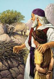 Abraham about to sacrifice Isaac, with a ram caught in the thicket